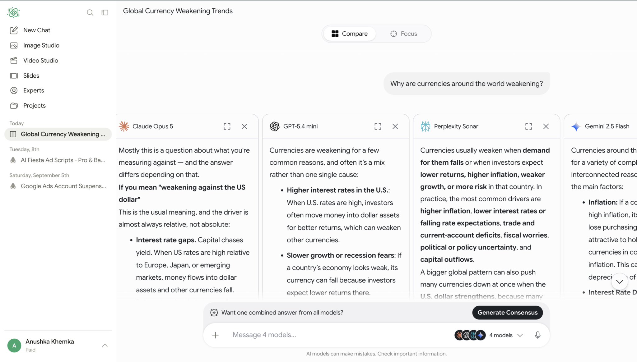 Compare mode interface