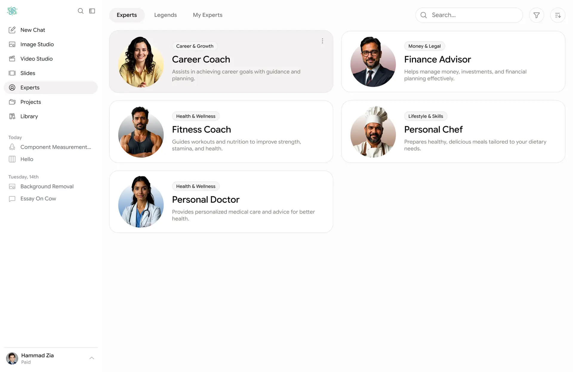 Experts & legends interface